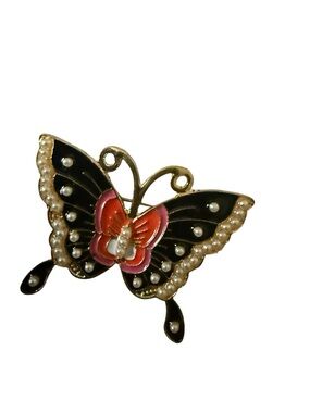 Vintage Black and Pink Butterfly Brooch with Pearls